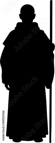 Mysterious robed figure holding a staff in silhouette, evoking ancient wisdom and power