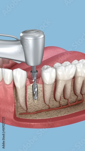 Dental implant and ceramic crown installation. 3D Animation