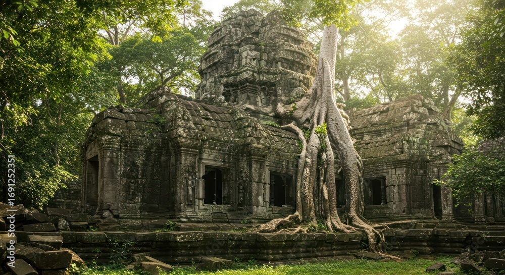 Fototapeta premium A breathtaking ancient temple tower stands as a testament to time, its majestic stone structures embraced by colossal tree roots within a vibrant, sun-dappled jungle setting