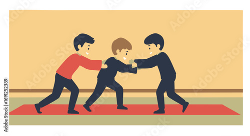 Tug-of-War Three Boys Competing on a Red Mat