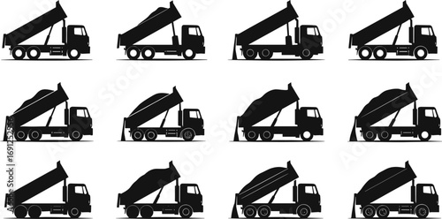 Dump truck vector set, tipping trucks collection, construction vehicle silhouettes, heavy machinery side view, industrial equipment, cargo transport illustrations.