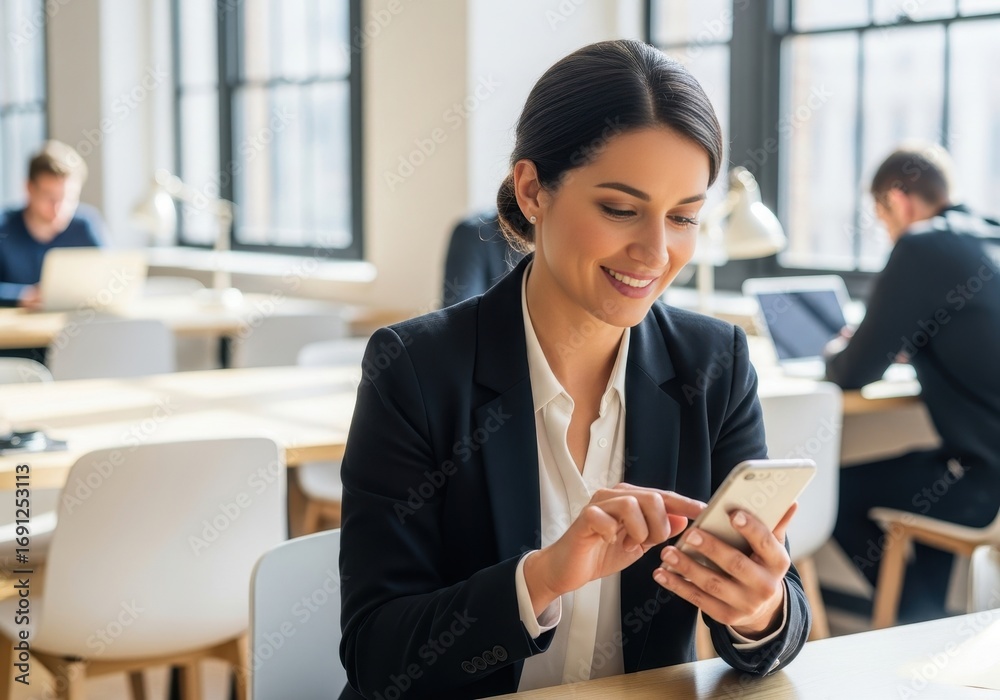 Obraz premium Woman smiling and using a smartphone, concept of online dating and communication for romantic connection app