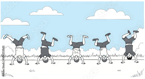 Row of Boys Doing Cartwheels Outside on a Sunny Day with Clouds