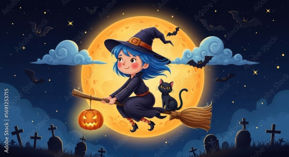 Naklejka premium Cute witch girl with blue hair riding a broomstick with a black cat and pumpkin lantern at night