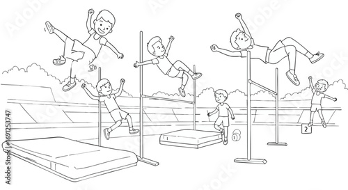 Athletes Showcase High Jump Techniques with Multiple Stages of Action and Training Mats