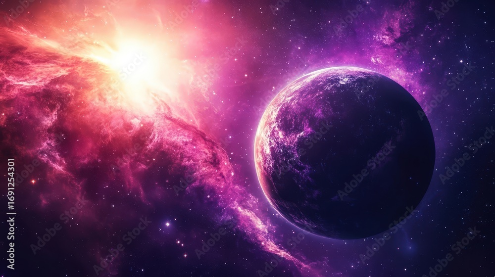 Obraz premium A breathtaking view of a planet set against a colorful cosmic scene filled with stars and vibrant nebulae in the vast universe.