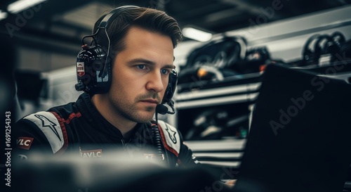 A man race engineer with headset monitoring data on laptop in garage. Pit crew strategist analyzing performance for competition.