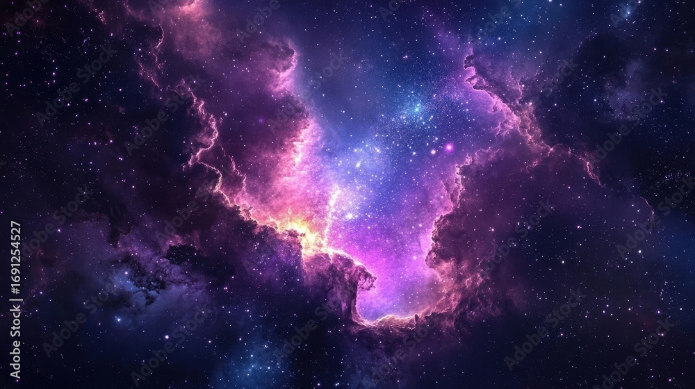 Fototapeta premium Stunning cosmic clouds glow with vibrant purple hues in the galaxy. A beautiful nebula fills the night sky with deep colors.