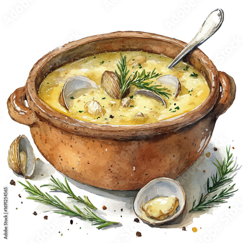Clam Chowder, watercolor painting vector, isolated on a white background.
