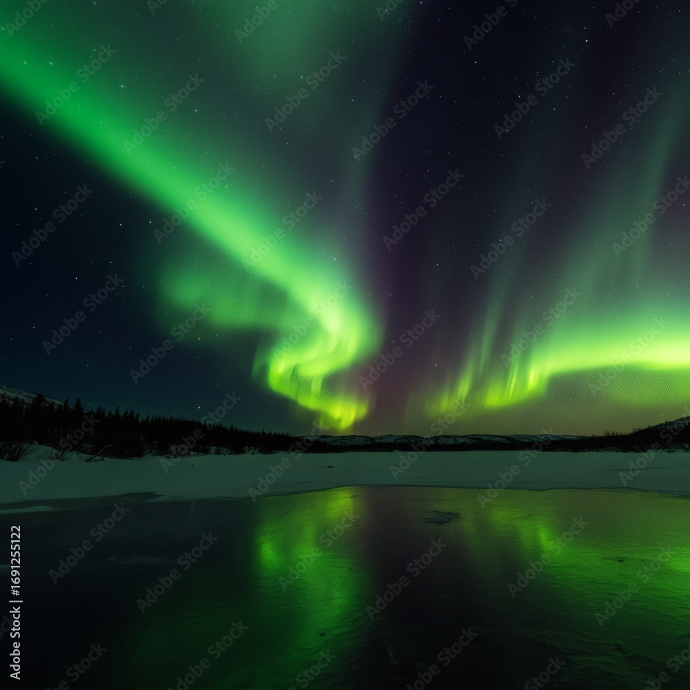 custom made wallpaper toronto digitalVibrant green and purple Northern Lights illuminate the dark night sky, their ethereal glow reflecting perfectly on a serene, icy lake in a breathtaking natural spectacle