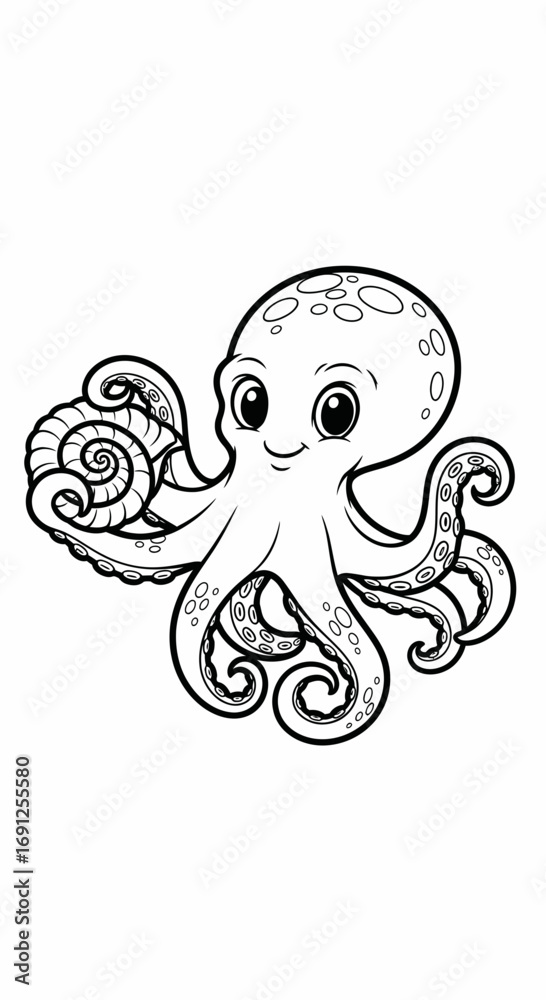 Obraz premium Cartoon octopus illustration with a smiling face and swirling tentacles.