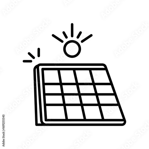 Solar panel icon with sun shining above it in black and white.