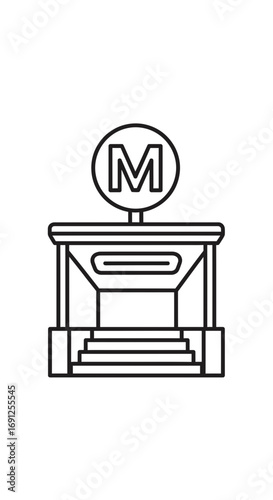 Line drawing of a generic metro station entrance with stairs and signage.