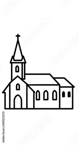 Simple line drawing of a church building with a steeple and cross.