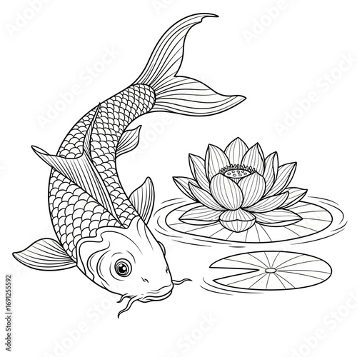 A koi fish illustration with a water lily and lily pads.