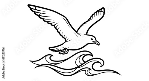 A bird flies over waves illustration in black and white simple design.