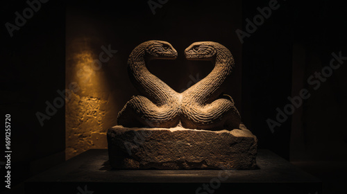 A fossilized two-headed serpent emerging dramatically from stone under museum lighting, evoking ancient mysteries.
