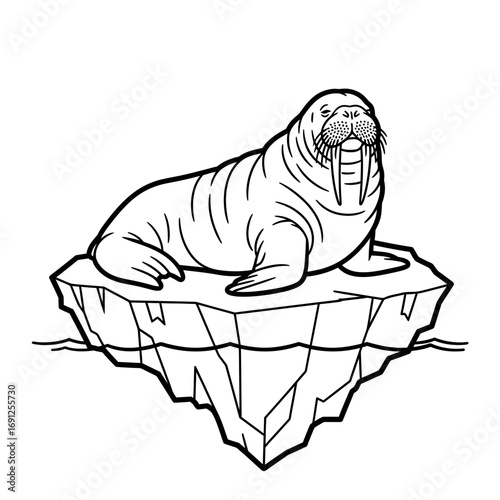 Line art of a walrus on an iceberg floating in water.
