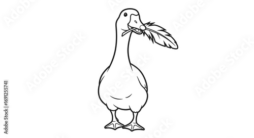 Line drawing of a goose standing with a feather in its beak.