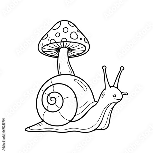 Black and white illustration of a snail carrying a mushroom on its shell.