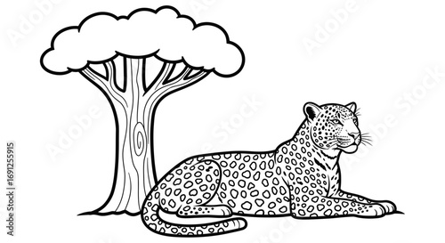 A leopard rests near a tree in a black and white illustration.