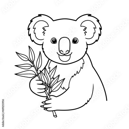 A koala bear illustration holding a leafy branch in black and white.