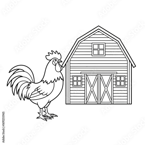 Rooster stands beside a barn illustration in black and white line art.