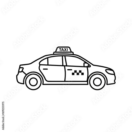 Line drawing of a taxi cab side view in black and white.