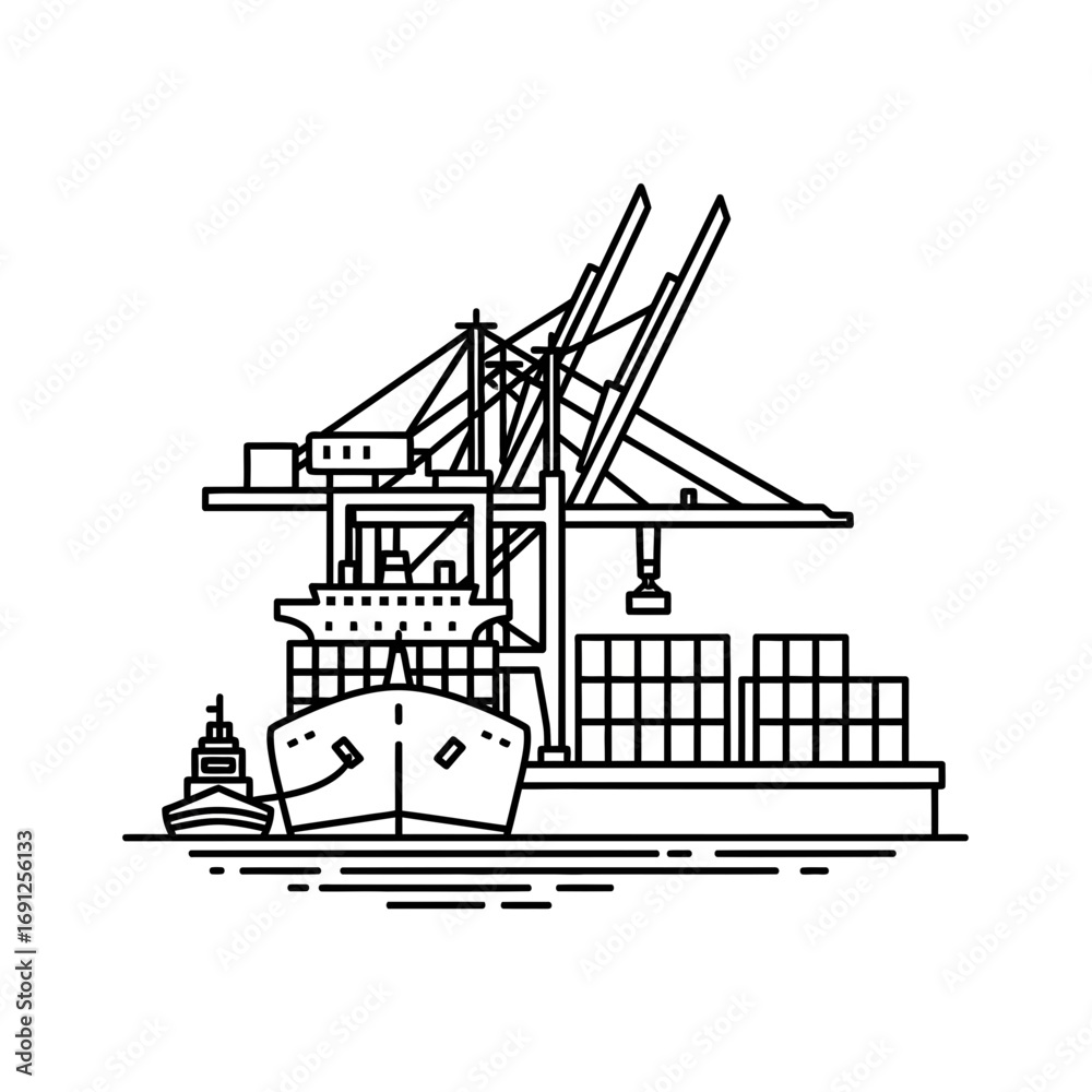 Naklejka premium Container ship being loaded by a crane at a port illustration.