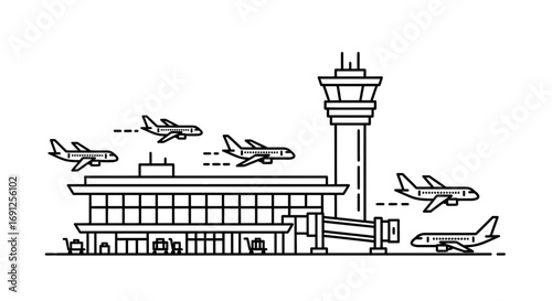 Airport terminal with control tower and airplanes taking off in line art.