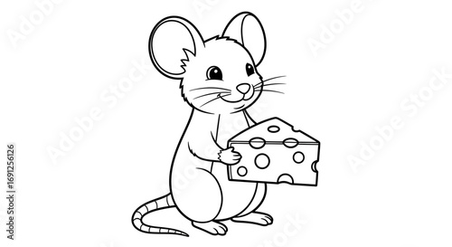 Cartoon mouse holding cheese illustration black and white simple design.