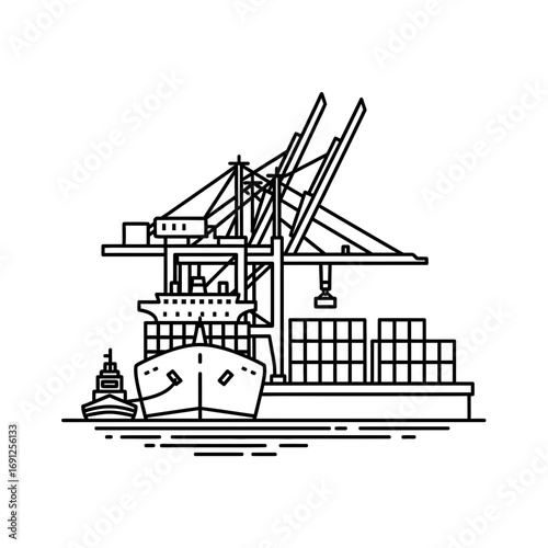 Container ship being loaded by a crane at a port illustration.