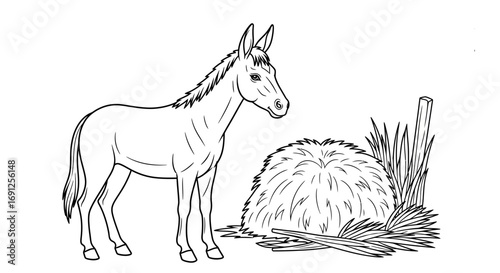 Line drawing of a donkey standing next to a pile of hay.