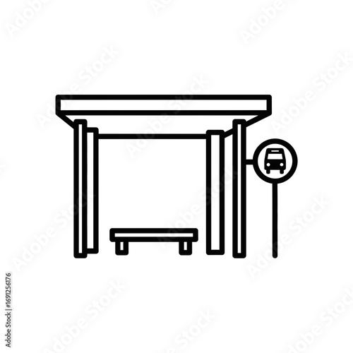 Bus stop with bench and bus sign in a simple line drawing.