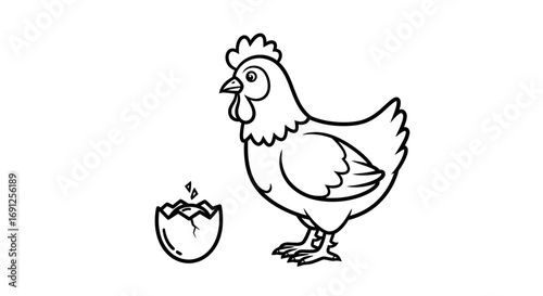 Line art illustration of a chicken standing next to a broken eggshell.