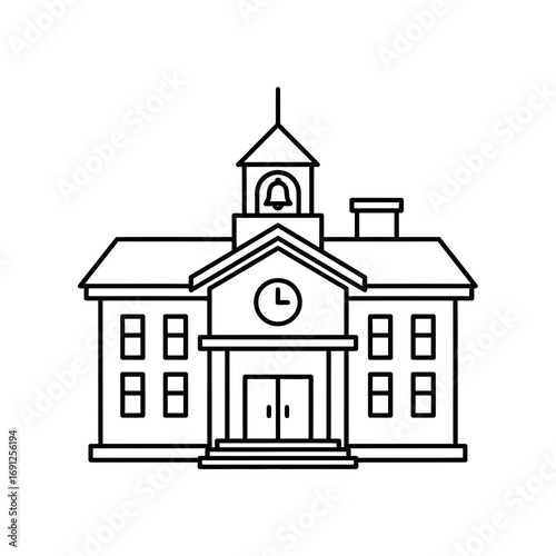 Line art illustration of a building with a clock tower and multiple windows.