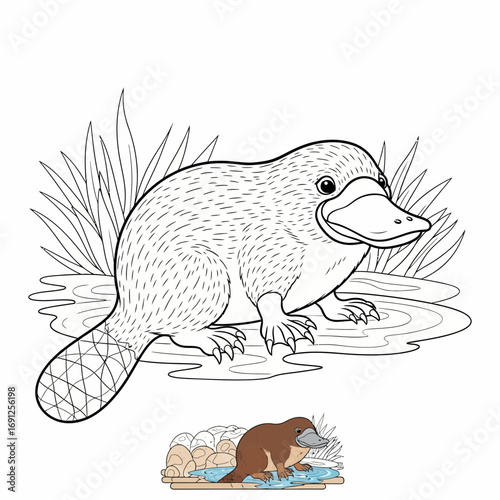 Platypus illustration with grass and water; a small colored example below.