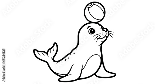 Cartoon seal balances a ball on its head in a black and white illustration.