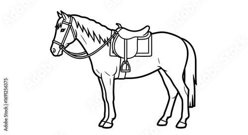 A horse with a saddle is standing in a white background.