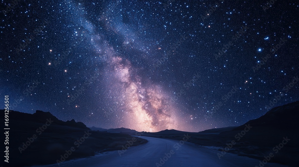 Fototapeta premium Stunning night sky filled with stars and the Milky Way over a quiet road in the mountains. A serene scene to inspire wonder and peace.