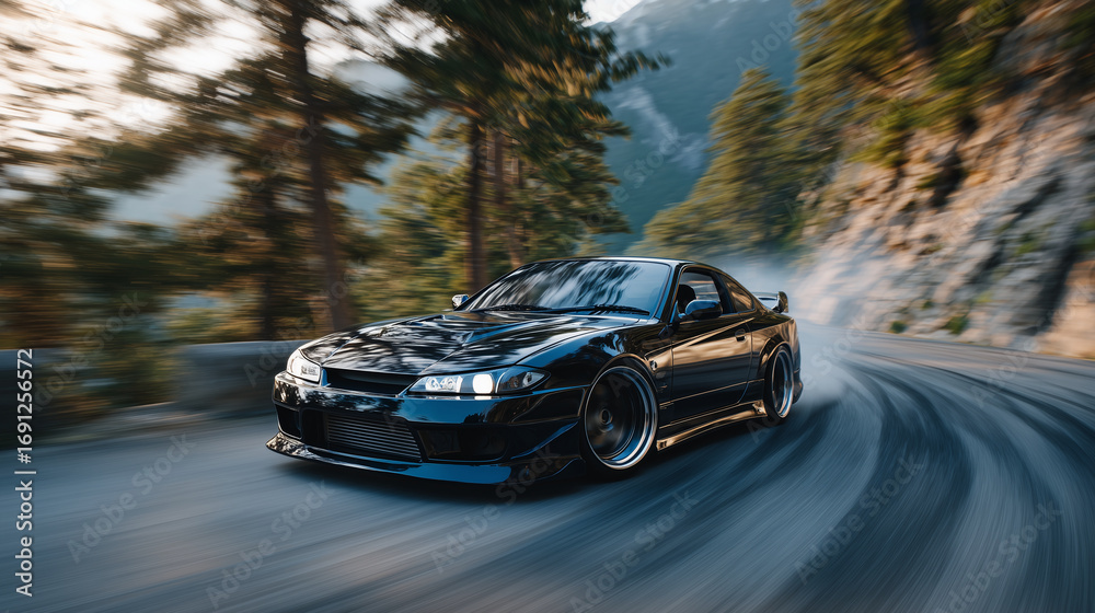 Fototapeta premium Low-angle shot of black sports car drifting, blurred trees rushing past, tires screeching against mountain asphalt, sense of motion amplified