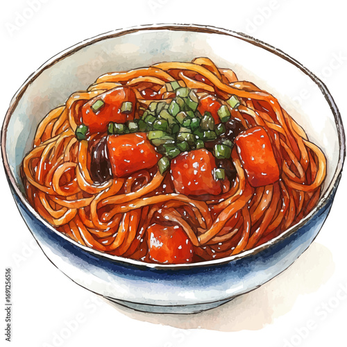 Chow Mein, watercolor clipart vector, isolated on a white background.
