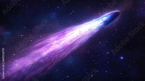 A vibrant cosmic comet glides through the galaxy, leaving a trail of purple light and wonder. Explore the beauty of space with this stunning image.
