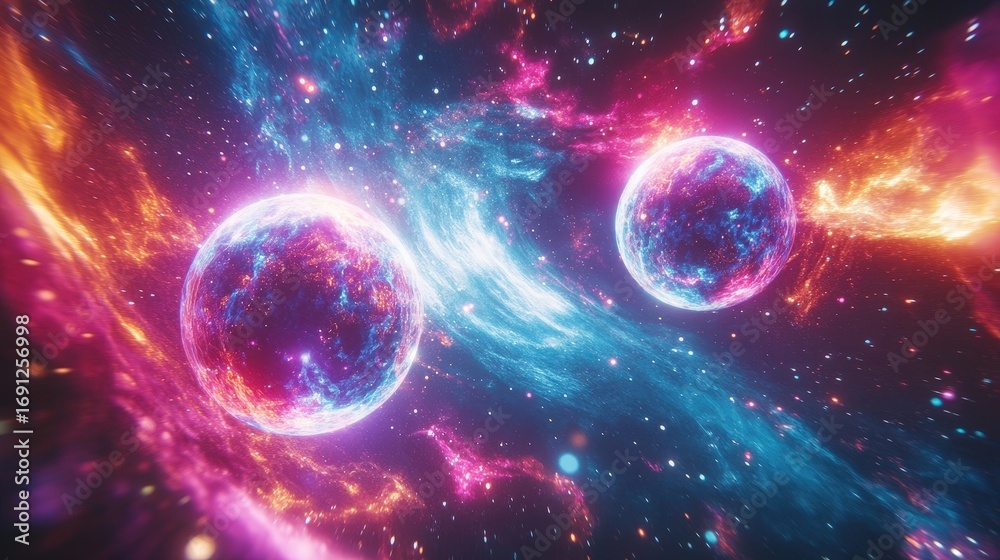 Obraz premium Stunning cosmic scene with colorful spheres in vibrant space painting. Explore the beauty of the universe in this AI-generated artwork.