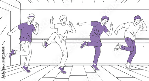 Energetic Group of Friends Dancing Together in a Studio with Joyful Expressions, Capturing the Spirit of Movement and Friendship