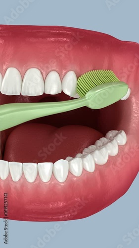 Toothbrush cleaning teeth. Medically accurate 3D Animation of oral hygiene