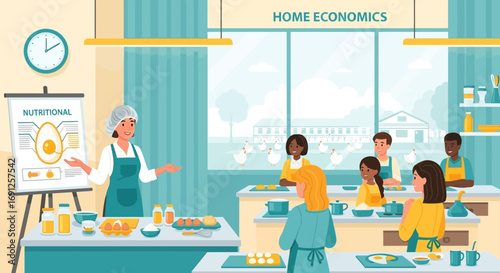 Illustration of home economics class with students learning about nutritional egg properties