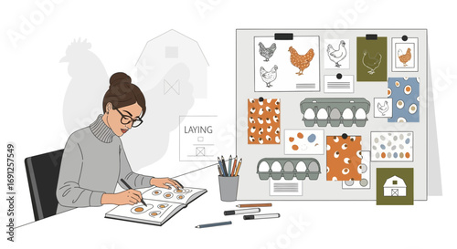 Illustrator sketching farm fresh eggs and hen design ideas at her desk with moodboard