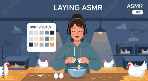 Laying ASMR live stream featuring a woman cracking eggs in a cozy chicken coop setting