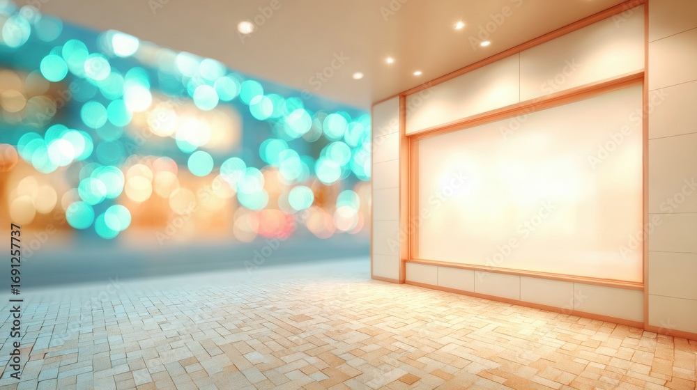 Fototapeta premium Modern storefront with blurred background lights at night in urban setting